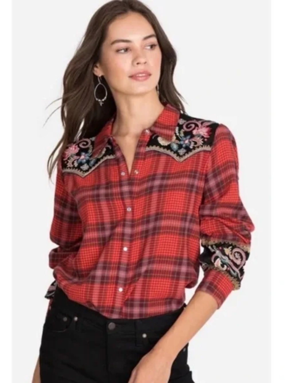 Johnny Was Esme Embroidered Western Flannel Pearl Snap S